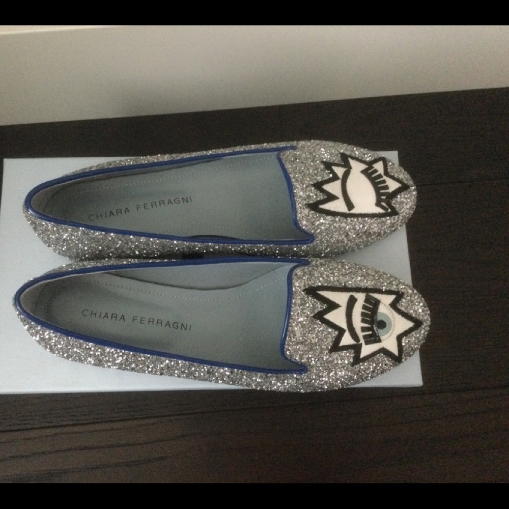Chiara Ferragni Sliver Glitter Flats 37